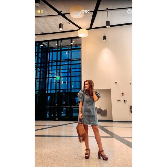 ELLIATT Blue Denim 100% Cotton Puff Sleeves Mock Neck Ocean Midi Dress Small - Picture 15 of 16